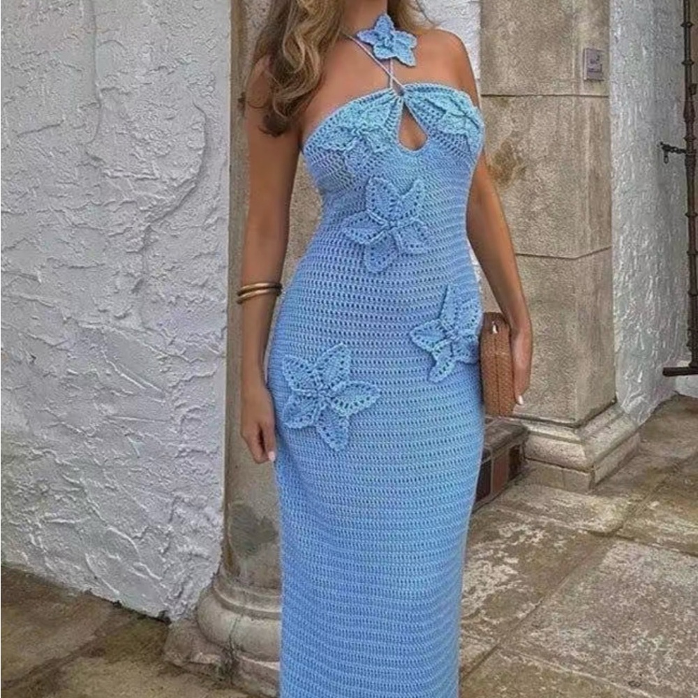 Blue Knitted Halter Dress